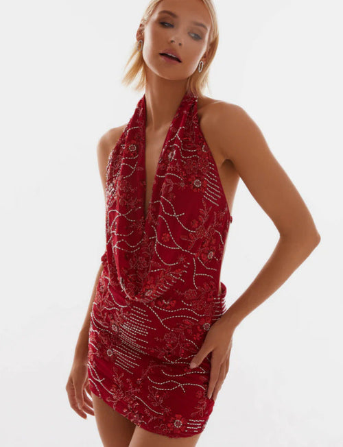 Crimson Radiance Halter Mini Dress