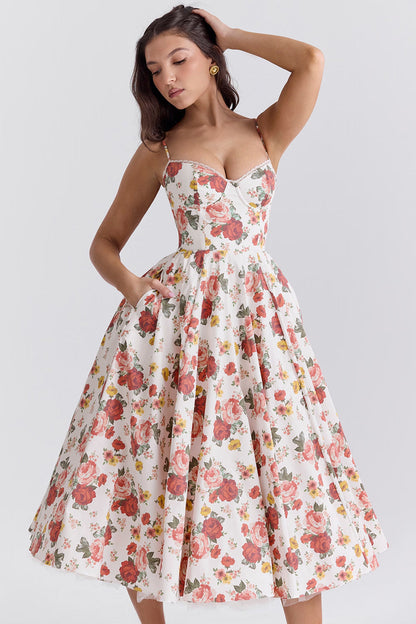 Floral Satin Corset Midi Dress